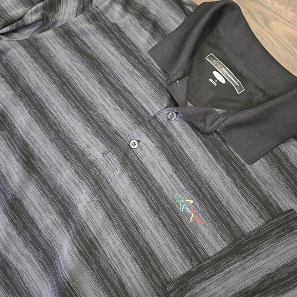 Greg Norman Play Dry‎ Performance Golf Polo Shirt Black Gray Stripe Size Large